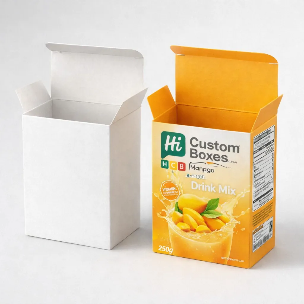 Professional retail tuck-end boxes featuring vibrant mango drink mix branding and detailed nutritional information panels.